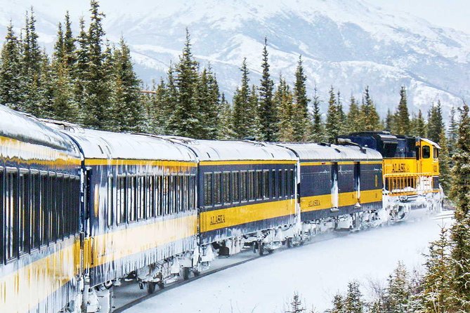 Alaska Railroad Aurora Winter Anchorage to Fairbanks One Way - Knik River to Talkeetna: Chugach Mountain backdrops and your first wow
