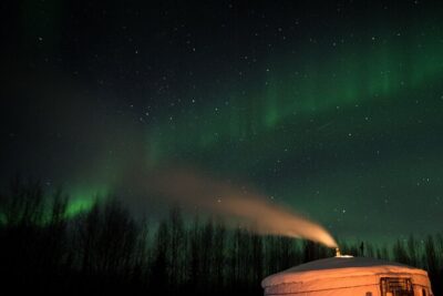 Fall Aurora Mushing Cart Ride Bucket List Adventure - Pre-Ride Yurt Warm-Up and Dog Time in the Woods